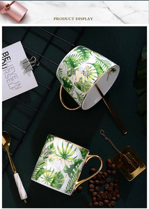 Nordic Style Green Leaf Pattern Bone China <b>Coffee</b> Tea Mug Gold Rim Handle Gold Leaf <b>Filter</b> 450-500ml Capacity Business Gift Gift - Product Image 5