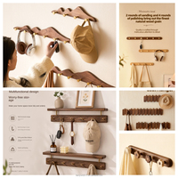 Porte-manteau et porte-clés mural multifonctionnel moderne et minimaliste en bois d'orme à 2 niveaux avec crochets en acier inoxydable pour entrée