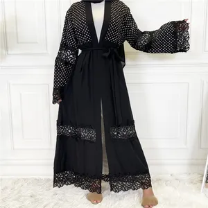 Pok Dot Lace Robe Black Adult Abaya Dubai Kimono Cardigan Hijab Muslim Women's Islamic Wool Dress Embossed Print Material