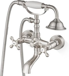 Robinet <span class=keywords><strong>de</strong></span> bain en nickel brossé avec douchette à main, <span class=keywords><strong>mitigeur</strong></span> eau chaude et froide à double poignée croisée, style vintage <span class=keywords><strong>pour</strong></span> salle <span class=keywords><strong>de</strong></span> bain - Product Image 1