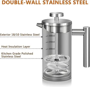 Cafetière à piston en acier inoxydable 304 avec système de filtration à 4 niveaux, 1L, pour la maison et le bureau – Offre Spéciale - Product Image 5
