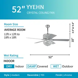Ventilatore da soffitto in cristallo da 52 pollici, sala da pranzo a LED, 5 lame in compensato, ventilatore da soffitto di lusso con Design elegante e luminoso