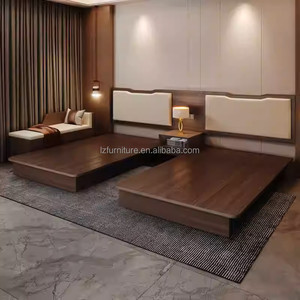 Modern Wood Hotel Single Twin Bedroom Furniture Set with Platform Bed Frame Nighstands & Upholstered <b>Headboard</b> For 3 Star Hotels - Product Image 1