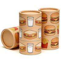 Emballage en tube cylindrique en carton écologique fait main à motif burger et frites, avec matériaux recyclés pour la restauration rapide et les collations