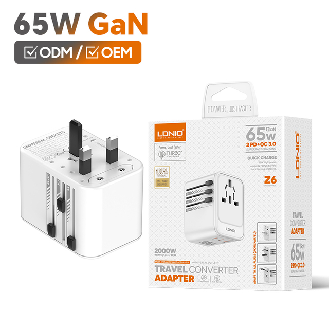 LDNIO Z6 GaN Universal Travel Adapter Extension Cord USB PD Wall Exchange Power Adaptor Multi Plug Dual Type-C Travel Adapter