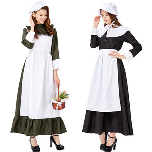 Costume de femme de chambre pour femme, robe longue avec tablier et chapeau, noir, vert foncé, polyester, style européen adulte, source transfrontalière - Product Image 1
