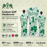 Housse de tête de club de golf brodée à motifs, en cuir PU, avec logo personnalisé, design printemps-été, vente en gros directe usine OEM