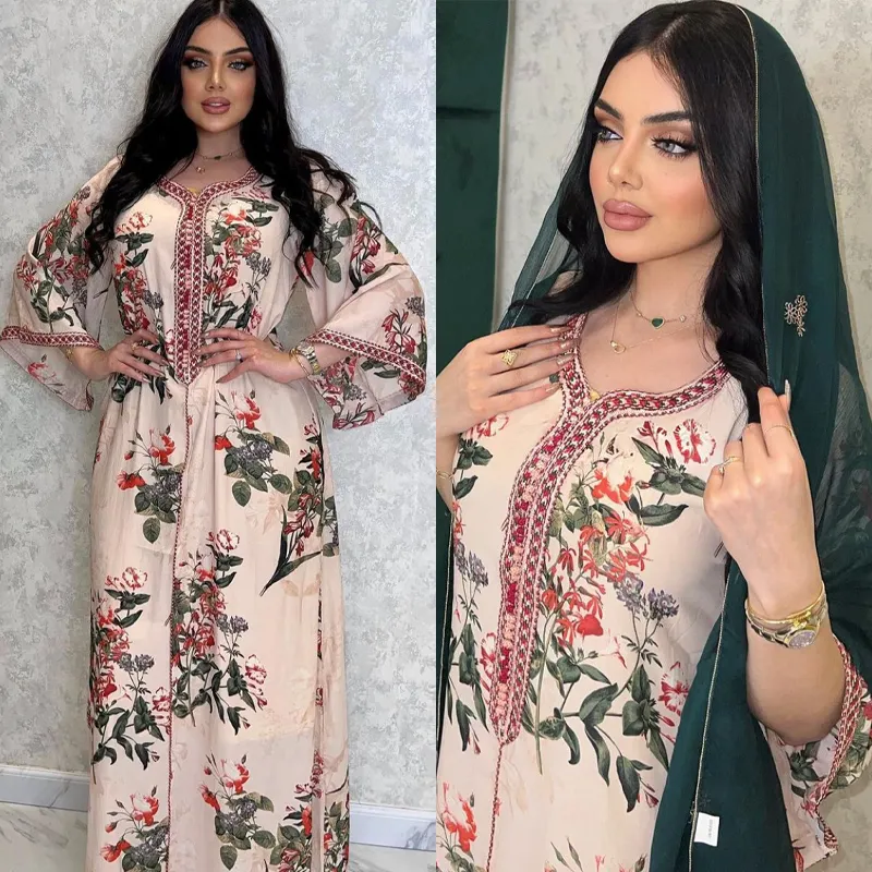 Custom Middle East Islamic Clothing Summer Floral Printing Embroidery Women Cotton Abaya Dubai Turkey Muslim Fashion Hijab Dress