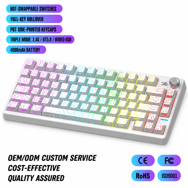 New Tri Mode Wireless USB-C Mechanical Keyboard 79 Keys RGB Hot-Swap Knob Custom Ergonomic Plastic Gaming Keyboard for PC Office