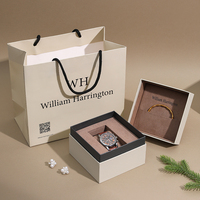 Boîte personnalisée minimaliste A1 en crème avec logo, 12,2x12,2x10,5 cm, pochette en papier gris anthracite 24 cm, coffret cadeau pour montre et bracelet