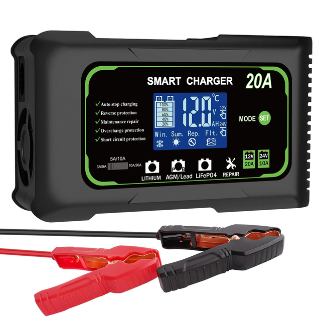 SUYEEGO Fully-automatic Smart 12v/24v 20 Amp Battery Charger Lifepo4 Car Battery Charger Fast Charging Repair