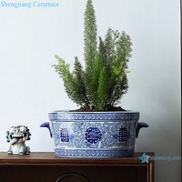 Pot Bunga Biru dan Putih RYPU76-01 dengan Telinga Oval dan Pola Bahagia Ganda