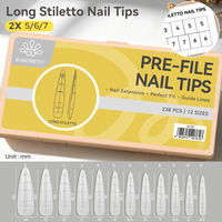 BORN PRETTY – 238 faux ongles préformés, longs, transparents, en acrylique, à presser, avec échelle graduée pour une mise en forme facile