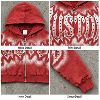 Hoodie court vintage personnalisé délavé à l'acide pour homme, imprimé graphique, détails cloutés métalliques, fermeture éclair, poignets côtelés, collection streetwear de marque