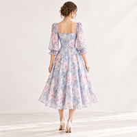 Robe de Soirée Mi-Longue pour Femme Personnalisée, Col Cœur, Imprimé Floral, Buste Froncé, Manches Bouffantes Transparentes, Taille Cintrée, Coupe Évasée