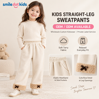 Smiledotkids Pantalons de jogging personnalisés pour enfants, avec revers en sherpa crème et nœud, doux, OEM ODM, pour tout-petits filles et garçons, vente en gros