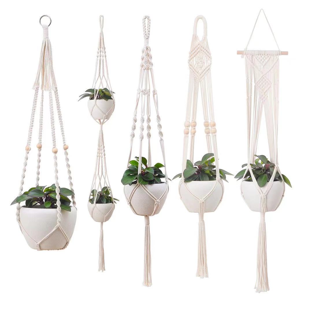 Macrame Plant สั้นแขวนกระเป๋าสวนมือทอฝ้ายเชือกดอกไม้สุทธิแขวนตะกร้า