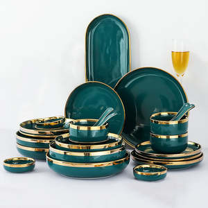 Service de table en céramique de luxe de 32 pièces, <span class=keywords><strong>vert</strong></span> clair et bord doré, assiettes et bols, ensembles de vaisselle en porcelaine - Product Image 6