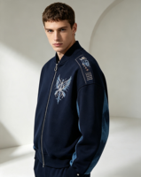 Blouson Bomber Zippé Vintage Épais avec Broderie Motif Aile, Teinture Tie-Dye et Empiècements, Style Streetwear Oriental Décontracté