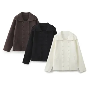 冬季新款纯色翻领双排扣针织开衫短款气质加厚女式外套