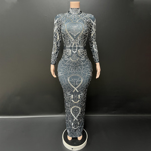 Novance Y1539 Abito <span class=keywords><strong>da</strong></span> Sera Elegante con Strass Argento, Maniche Lunghe, Vestito Formale Snellente per Feste - Product Image 1