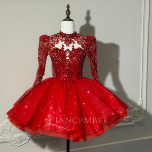 Xs310 Stunning <b>Red</b> Modern Quinceanera Ball Gown Sweetheart Lace Beaded Long Sleeve <b>Glitter</b> Tulle Chapel Train Formal Party - Product Image 4