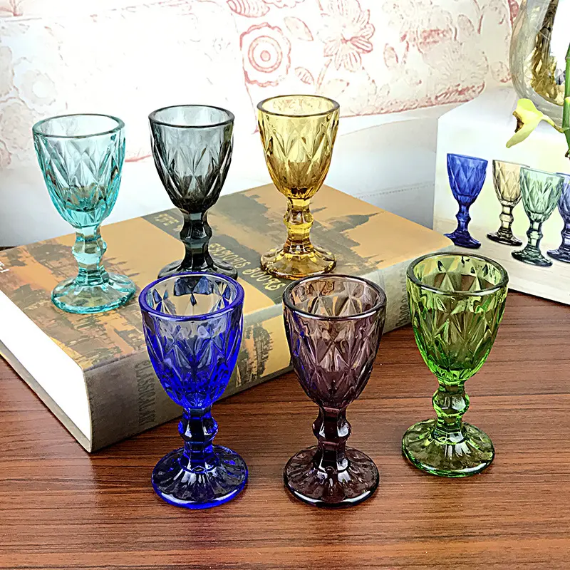 Amber pink blue wine goblet glass wholesale machine pressed vintage wedding thick colored green purple orange black water cup