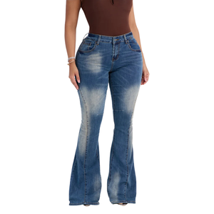 Jean évasé bleu taille haute pour femme en denim stretch, coupe bootcut, coupe slim, décontracté, pantalon à jambe large, vêtement de mode - Product Image 1