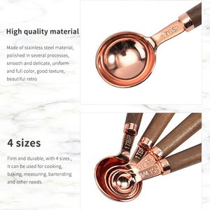 High Quality Metal Rose Gold Plated <b>Measuring</b> <b>Spoons</b> Set with Wooden Handle Round Shape Kitchen Utensils - Product Image 3