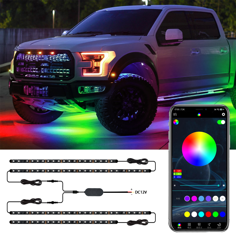 APP/Remote Control Car Underglow Light Kit RGB Underbody Underglow Car Atmosphere Flexible Under Glow Lighting Lights For Car