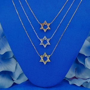 Solid Gold Diamond Star of David Necklace: Baguette & Round, Adjustable Chain - Product Image 4