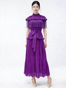 PY 2026 Summer Casual Miyake Eco-Friendly Pleated Midi Dress Fringe <b>Elastic</b> Waist Western Clothing Women Wholesale Bulk - Product Image 6