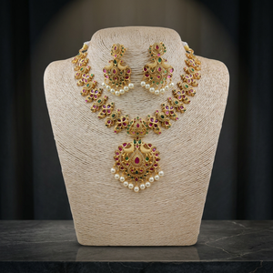 Luxury <b>Ruby</b> Emerald AD Polki <b>Necklace</b> Set with Pear Cut Floral Pendant Gold Finish Wedding Party Jewelry for Women Set - Product Image 4
