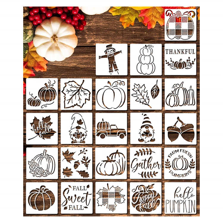 24 Piece Fall Stencils 3x3 Reusable Template Thanksgiving DIY Crafts Decorative Drawing Stencil