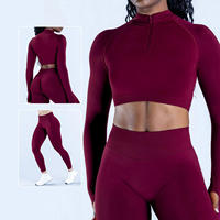 Ensembles de sport pour femmes : Haut court à manches longues avec demi-zip et Leggings de yoga taille haute sans couture style cycliste, 2 pièces, OEM