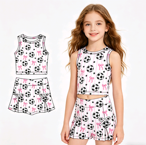 Conjuntos de ropa para hermanas: Camiseta informal y linda para bebé niña, chaleco, falda con borde festoneado, pantalones cortos, skorts, con lazos de fútbol personalizados para el día del partido - Product Image 3