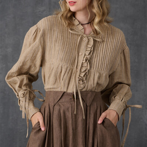 Camicette da <span class=keywords><strong>donna</strong></span> organiche naturali a maniche lunghe a pieghe marroni personalizzate Vintage 100% cotone Plus Size abbigliamento <span class=keywords><strong>donna</strong></span> - Product Image 2