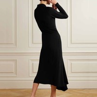 Automne élégant noir laine robe en tricot personnalisé tricots asymétrique lambrissé revers Botton fabricant décontracté Simple naturel