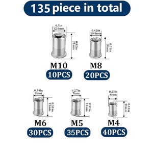 Kit de rivets et d'écrous métriques M4 M5 M6 M8 M10 en acier, 135 pièces, pour l'industrie de la construction - Product Image 2