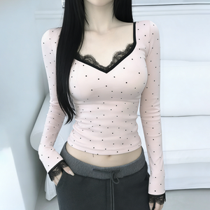 Top de Encaje con Cuello en V y Estampado de Lunares para Mujer, Estilo Dulce y Moderno, Top de Mujer con Parches de Encaje, Estilo Casual Elegante - Product Image 1