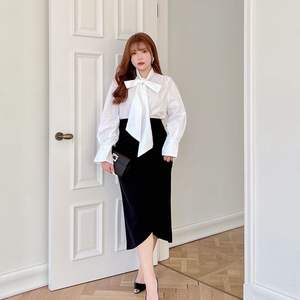 Camisa de Popelina de Algodón Blanca para Mujer Talla Grande, Cuello Camisero, Mangas Farol, Color Sólido, Blusa de Oficina N8293 - Product Image 3