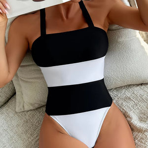 Traje de Baño Europeo y Americano 2026, Traje de Baño de Una Pieza para Mujer con Rayas en Contraste, Estilo Camisola, para Chicas Atrevidas - Product Image 1