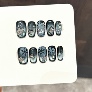 Design # 3431 Ongles artificiels carrés faits à la main, motif flocon de neige 3D avec strass, effet œil de chat <span class=keywords><strong>bleu</strong></span> foncé, à presser - Product Image 4
