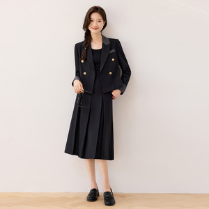 Grey Women's Suit <b>Set</b> Solid Color Anti-Wrinkle <b>Blazer</b> With Pleated Skirt Formal Wear For Interviews And Thesis Defense - Product Image 2