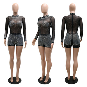 Diamond bling shiny playsuit tuta sexy strass mesh manica lunga body per le donne - Product Image 6