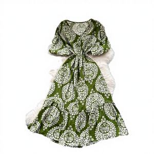 Vestido Midi de Verano para Mujer, Cuello en V, Casual, con Cinturón Tejido, Transpirable, Ecológico, 100% Algodón, Estampado Digital Liso - Product Image 3