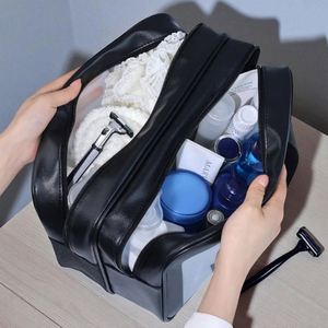 Sacs cosmétiques doublement transparents en PU écologiques, personnalisables, grands, imperméables, avec séparation humide-sèche, organisateur de maquillage de voyage, poignée souple - Product Image 3