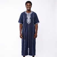 Robe marocaine à manches courtes en polyester pour hommes africains, broderie marocaine bleue, vêtements ethniques pour hommes, vêtements musulmans pour tous les jours, toutes saisons