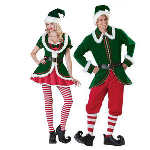<span class=keywords><strong>Carnaval</strong></span> Père Noël Vert Elfe Costume Noël Jolly Fantaisie Fête Vert Velours Couple Robe Cosplay - Product Image 1