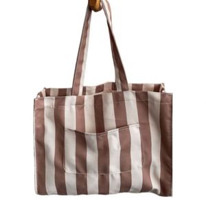 Bolsa de Compras de Lona de Algodón Reciclado Natural con Rayas Verticales, Personalizada, con Múltiples Bolsillos - Product Image 5